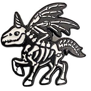 Pin 1” Skeleton Pegasus Unicorn Black White Enamel Brooch
